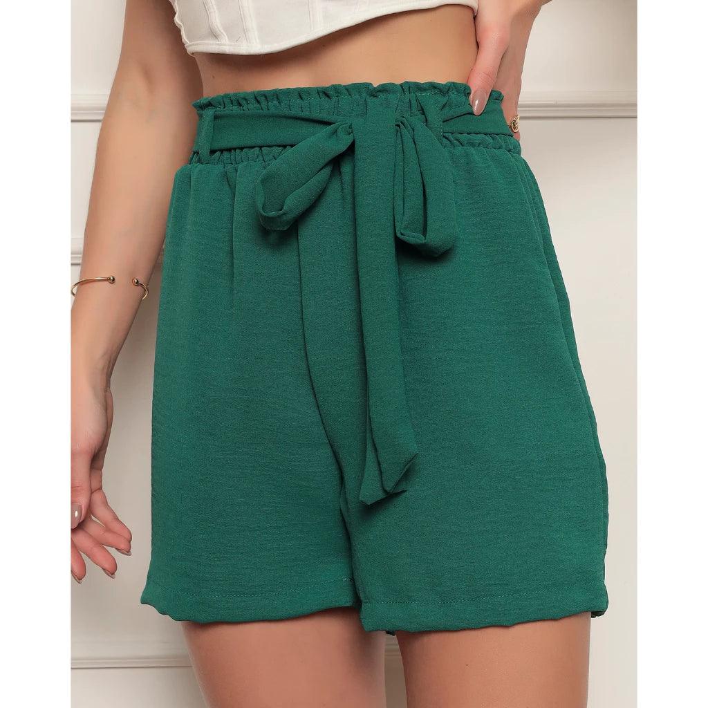 Shorts Feminino Bermuda Soltinho Casual Com Elastico e Laço na Cintura Verão