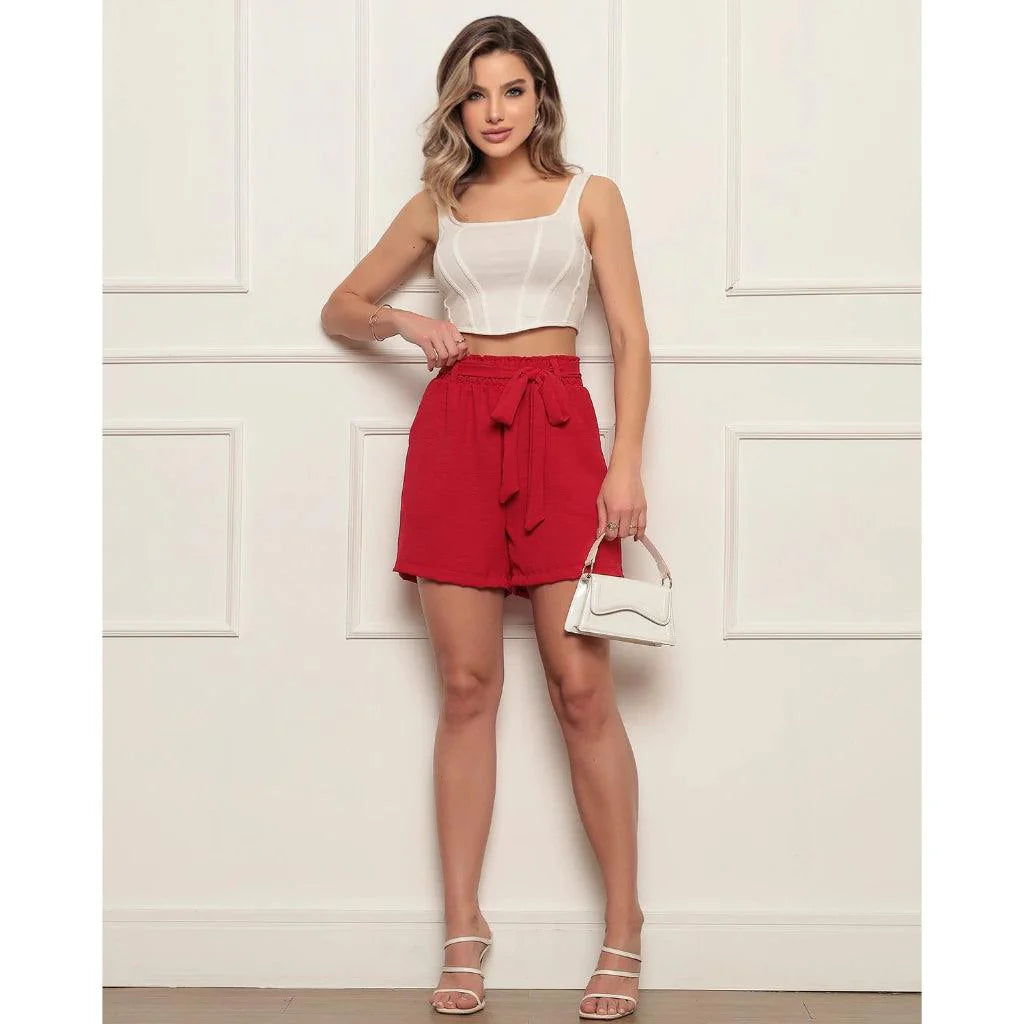Shorts Feminino Bermuda Soltinho Casual Com Elastico e Laço na Cintura Verão