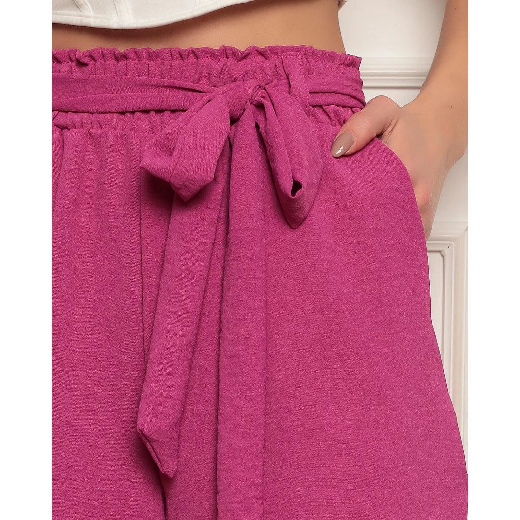 Shorts Feminino Bermuda Soltinho Casual Com Elastico e Laço na Cintura Verão