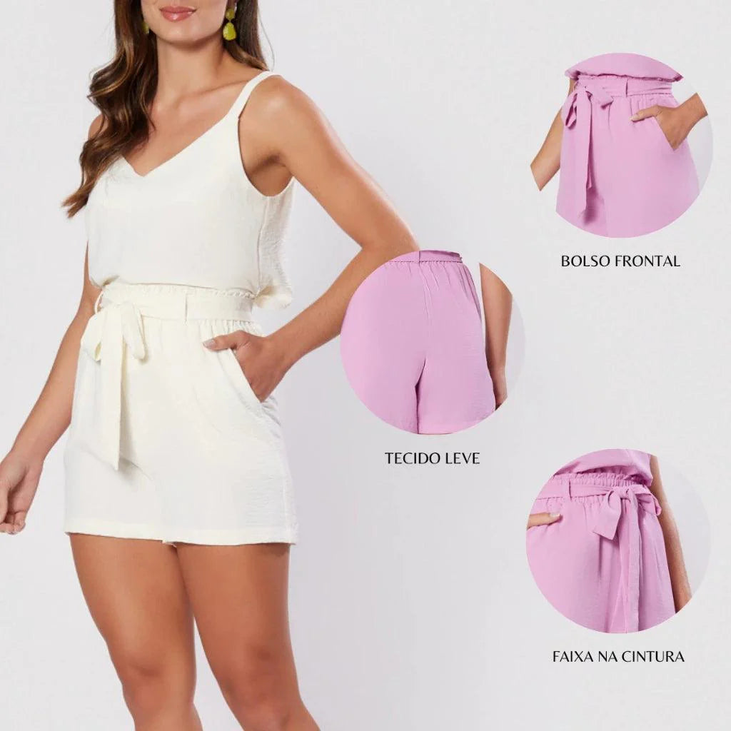 Shorts Feminino Bermuda Soltinho Casual Com Elastico e Laço na Cintura Verão