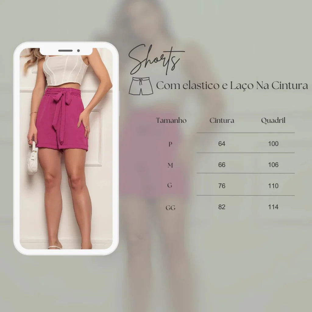 Shorts Feminino Bermuda Soltinho Casual Com Elastico e Laço na Cintura Verão