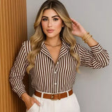 Camisa Listrada Social Feminina de Botão Manga Longa
